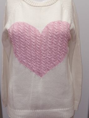 Pink Lily Cream Sweater with Pink Cable Knit Heart